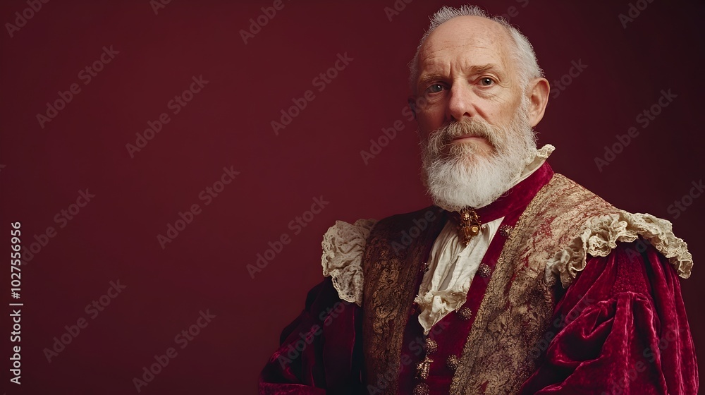 Portrait of a dignified and elegant elderly gentleman dressed in ornate Renaissance style attire posing against a plain magenta studio background with ample copy space Portrait of a dignified and elegant elderly gentleman dressed in ornate Renaissance style attire posing against a plain magenta studio background with ample copy space