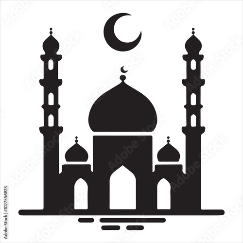 Black silhouette of a grand mosque with minarets and dome, clear and detailed on a pure white background 