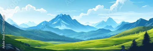 Mountain Landscape Illustration  Green Hills  Blue Sky  Nature  Minimalist  Wallpaper  Bac