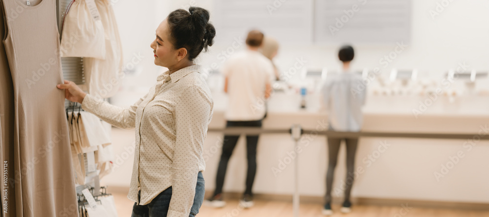 Obraz premium Woman examines beautiful dress in store while other shoppers browse in background scene captures joy of retail therapy and fashion exploration