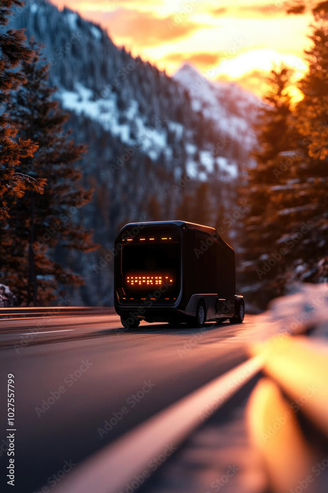 A sleek, modern truck drives on a winding road surrounded by snow-capped mountains at sunset, with vibrant orange skies illuminating the scene. A sleek, modern truck drives on a winding road surrounded by snow-capped mountains at sunset, with vibrant orange skies illuminating the scene.