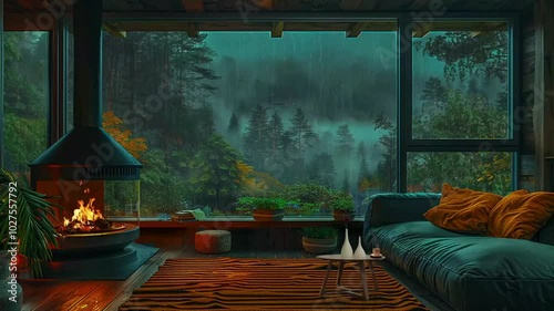  Cozy Forest Room Crackling Fireplace Rain On Window for Deep Sleep Stress Relie photo