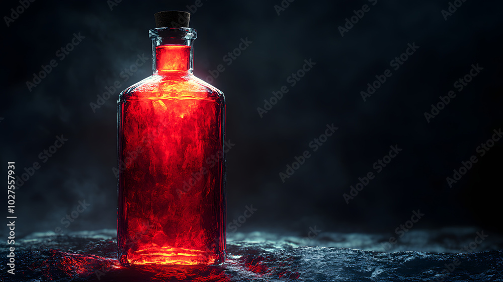 A Glass Bottle Filled with Rich Red Liquid, Set Against a Black Background, Creating a Striking Visual Contrast That Evokes Mystery and Elegance, Perfect for Artistic and Promotional Purposes.
