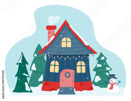 Cute Christmas and winter house. Decorated house.