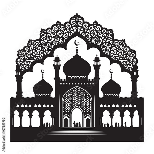 Black silhouette of a grand mosque with minarets and dome, clear and detailed on a pure white background 