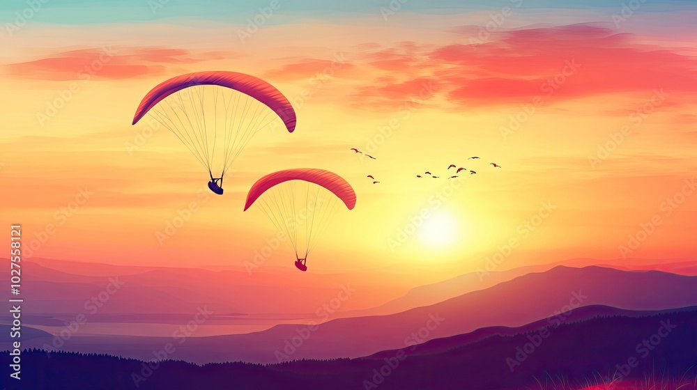 Serene Sunset with Paragliders in Vibrant Sky Serene Sunset with Paragliders in Vibrant Sky