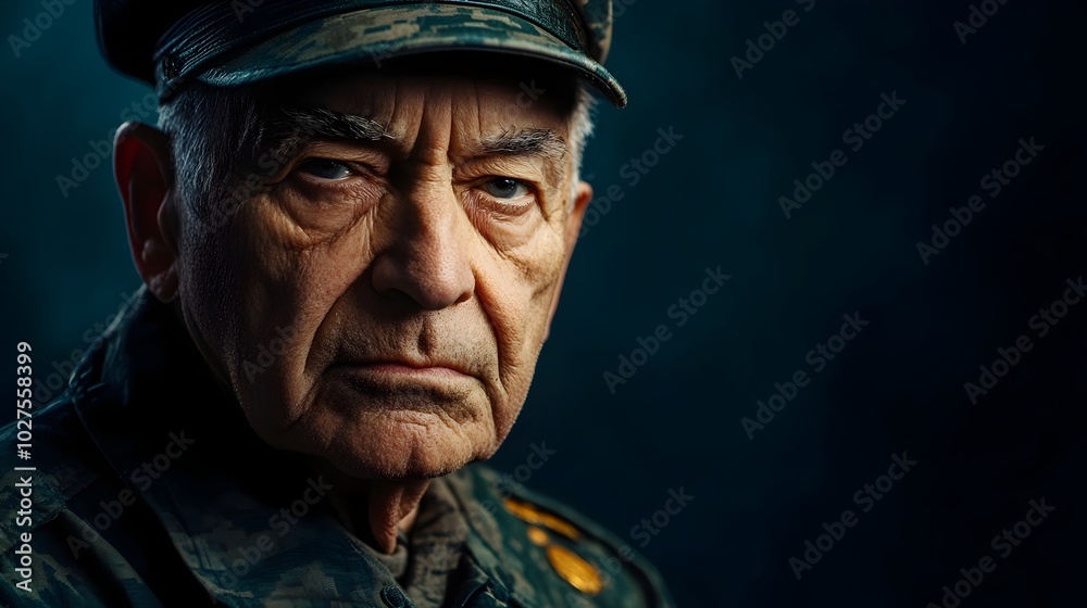 Close up portrait of a somber and stoic elderly war veteran dressed in a military uniform with a focused and serious facial expression