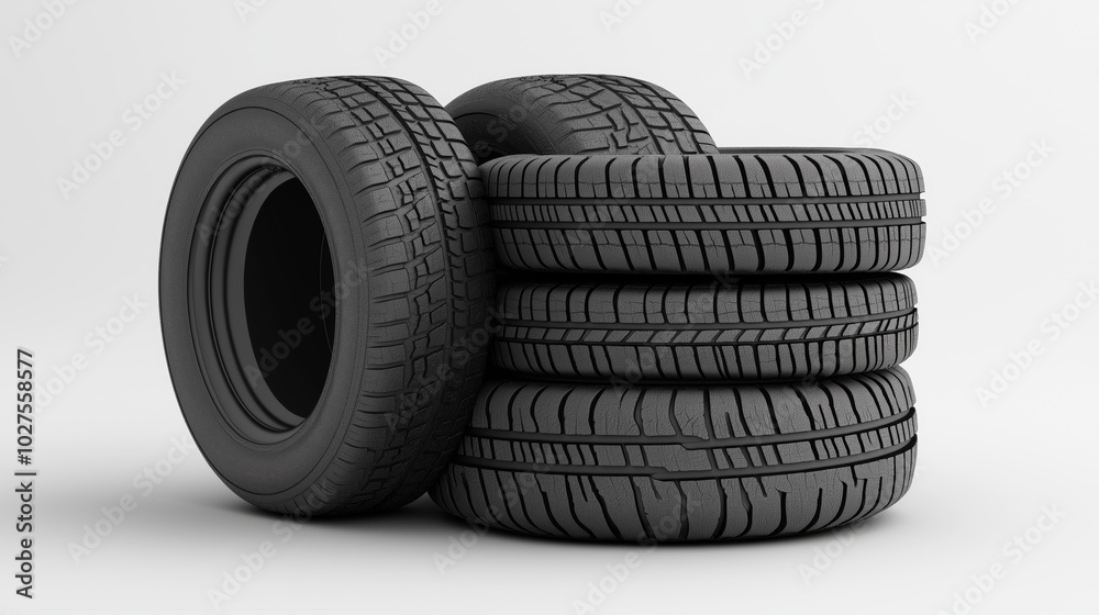 Stack of Four Tires with Black and White Rims Stack of Four Tires with Black and White Rims