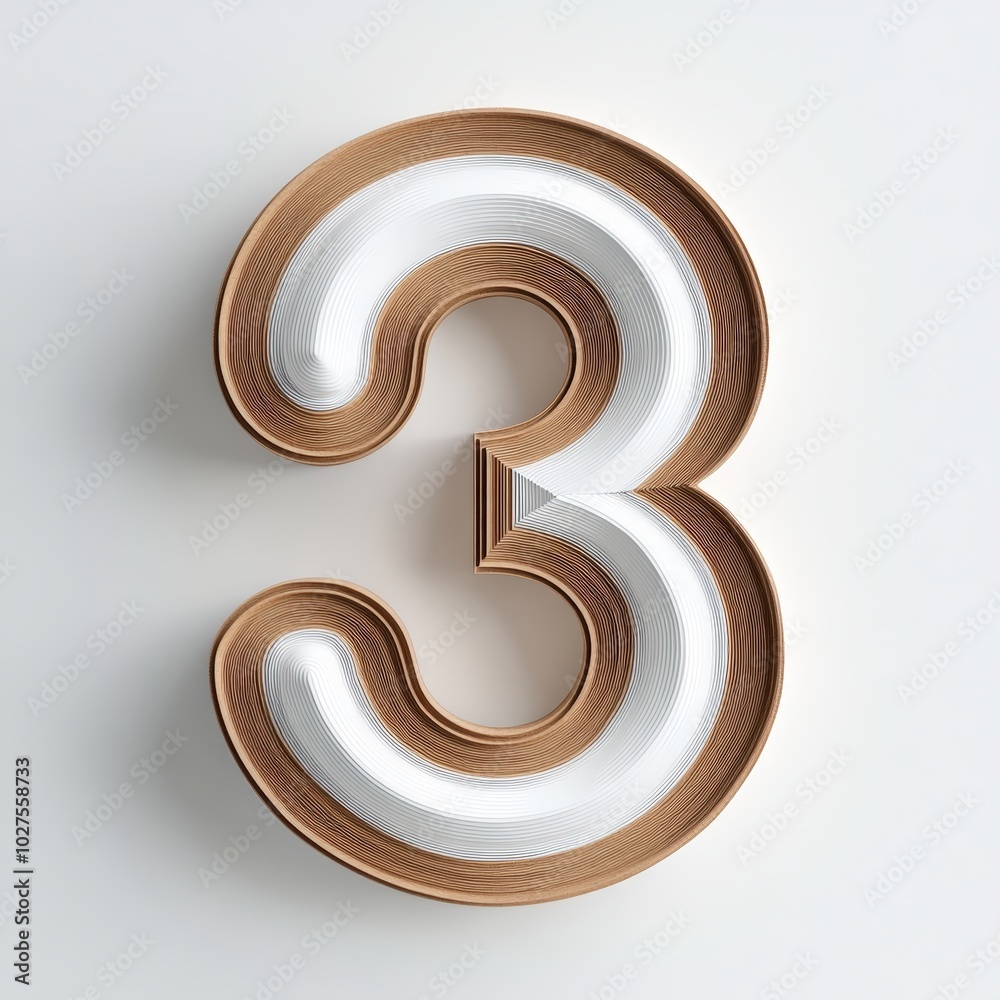 3D number 3 with cardboard texture realistic modern design, soft lighting, white background -