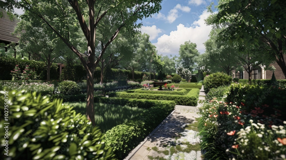 Visualize a picturesque garden where a gardener is meticulously maintaining the landscape. Visualize a picturesque garden where a gardener is meticulously maintaining the landscape.