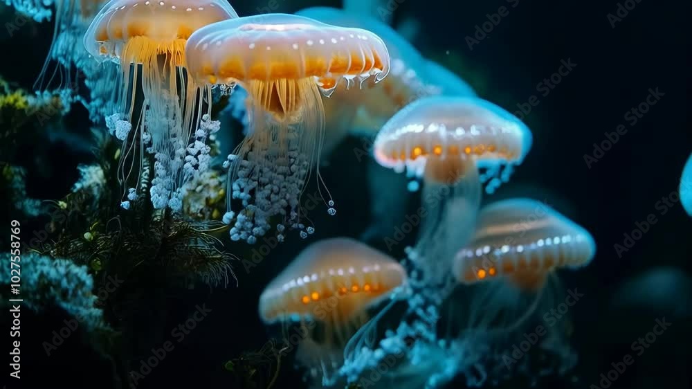 A glowing underwater scene featuring bioluminescent sea life, including jellyfish, illuminating the dark ocean with vibrant, ethereal light.
