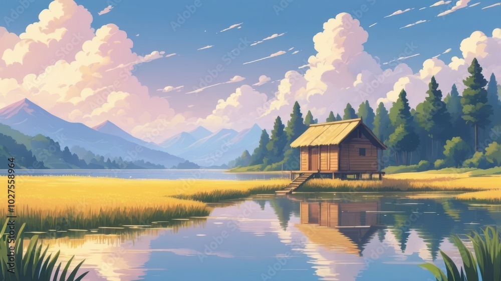 Fototapeta premium A serene lakeside cabin surrounded by mountains and lush greenery during a colorful sunset in a tranquil landscape