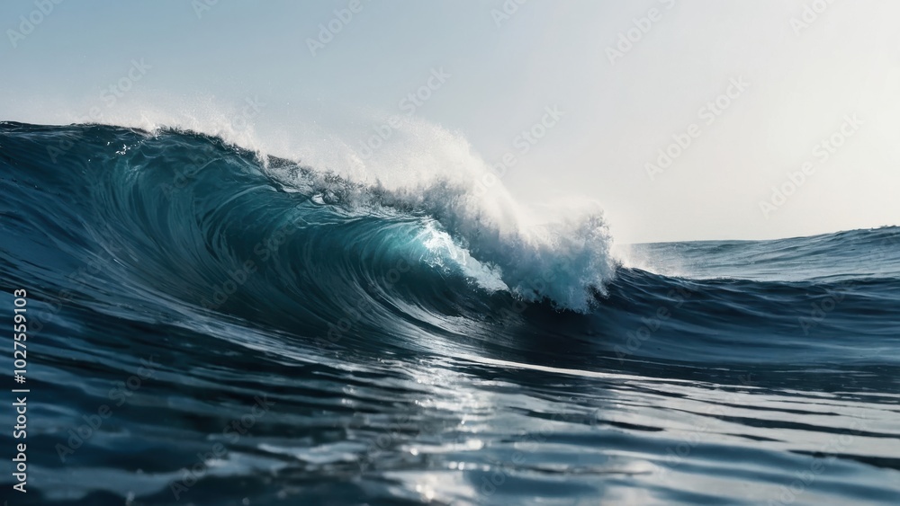 A beautiful ocean wave curls gracefully under the sunlight reflecting off the calm waters during the golden hour