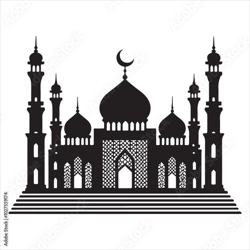 Black silhouette of a grand mosque with minarets and dome, clear and detailed on a pure white background 