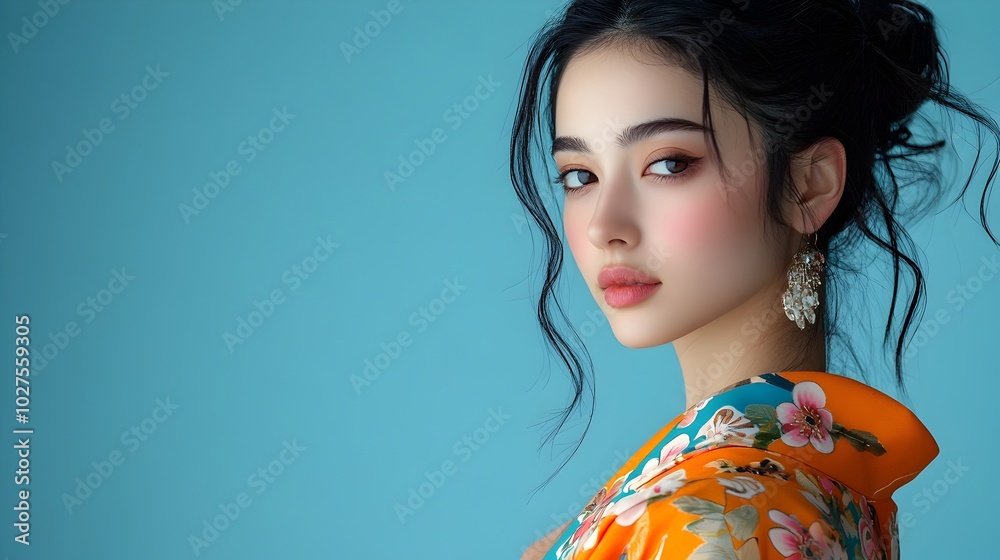 Captivating portrait of a young woman dressed in a traditional Japanese kimono appearing thoughtful and contemplative against a plain indigo studio background with soft lighting Captivating portrait of a young woman dressed in a traditional Japanese kimono appearing thoughtful and contemplative against a plain indigo studio background with soft lighting