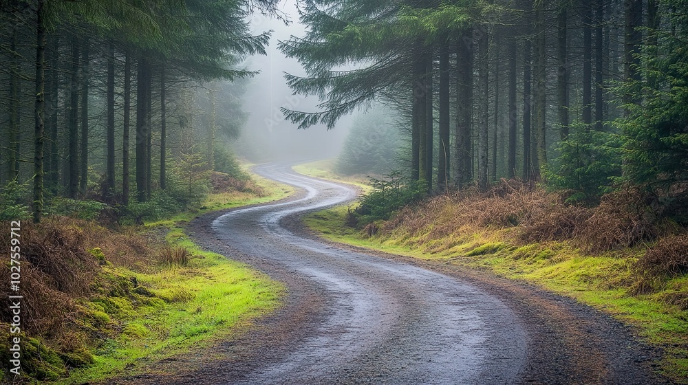 Obraz premium A winding gravel road disappears into a misty forest.