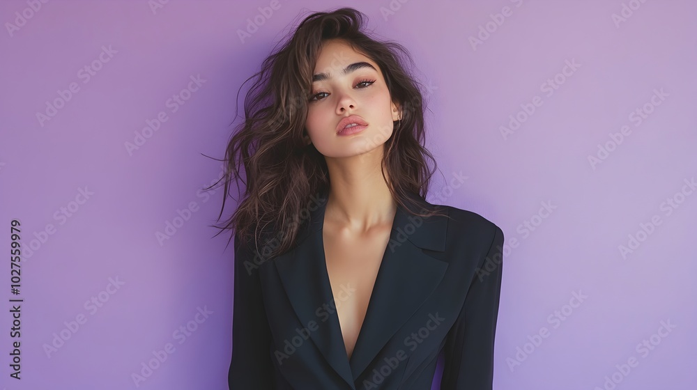 A portrait shot of a youthful woman in a chic minimalist jumpsuit posing pensively against a plain lavender studio background with soft flattering lighting A portrait shot of a youthful woman in a chic minimalist jumpsuit posing pensively against a plain lavender studio background with soft flattering lighting