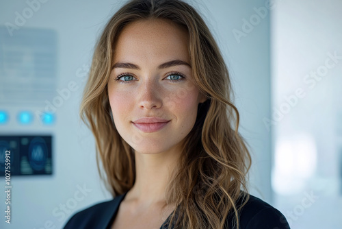 Free Download Portrait of a woman with holographic facial interface - GFXLoad