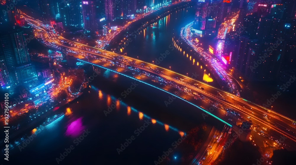 A vibrant cityscape at night, showcasing illuminated bridges and bustling traffic over a river. A vibrant cityscape at night, showcasing illuminated bridges and bustling traffic over a river.