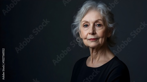 A portrait shot of a somber and melancholic senior citizen dressed in a simple black dress with a contemplative and pensive expression against a plain charcoal background