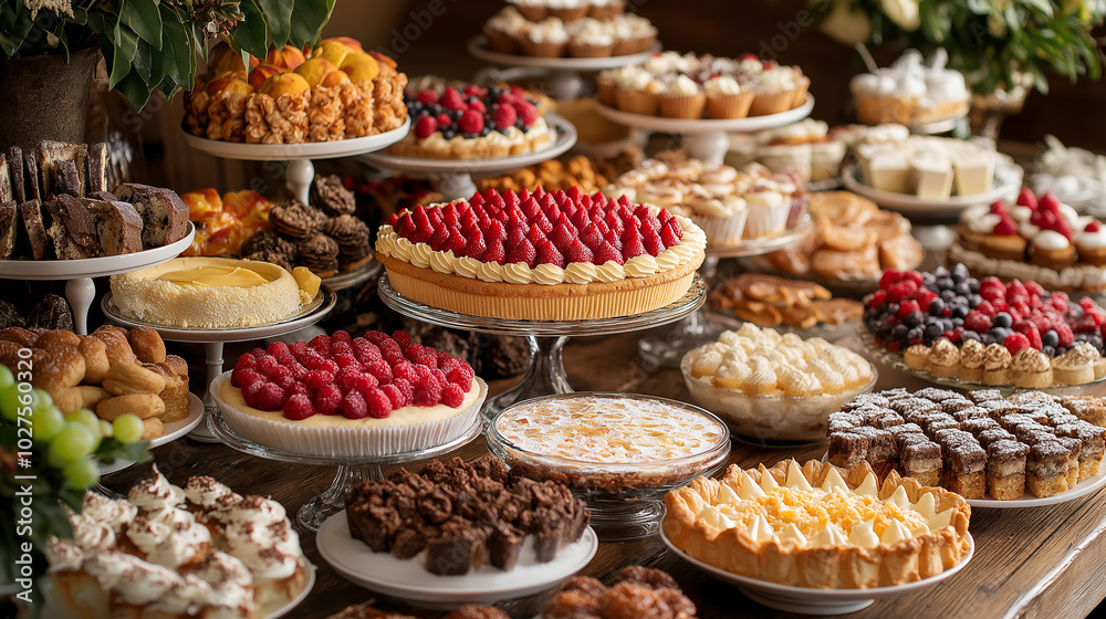 A beautifully arranged dessert buffet with cakes, pies, pastries, and cookies. Copy space in the upper area A beautifully arranged dessert buffet with cakes, pies, pastries, and cookies. Copy space in the upper area