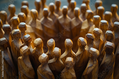A group of wooden figures are arranged in a circle. The figures are all the same size and shape, and they are all facing the same direction. The arrangement of the figures creates a sense of unity photo