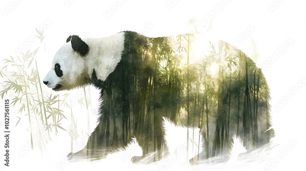 Watercolor double exposure of a panda, with its black and white form subtly blending into a tranquil bamboo forest, soft greens and grays with delicate brushwork, isolated on a white background, the Watercolor double exposure of a panda, with its black and white form subtly blending into a tranquil bamboo forest, soft greens and grays with delicate brushwork, isolated on a white background, the