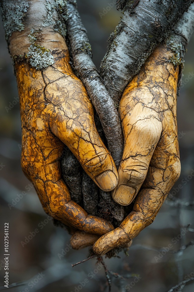 Two hands holding a branch, with one hand being larger than the other. The hands are covered in dirt and have a rough texture, giving the impression of being weathered and aged