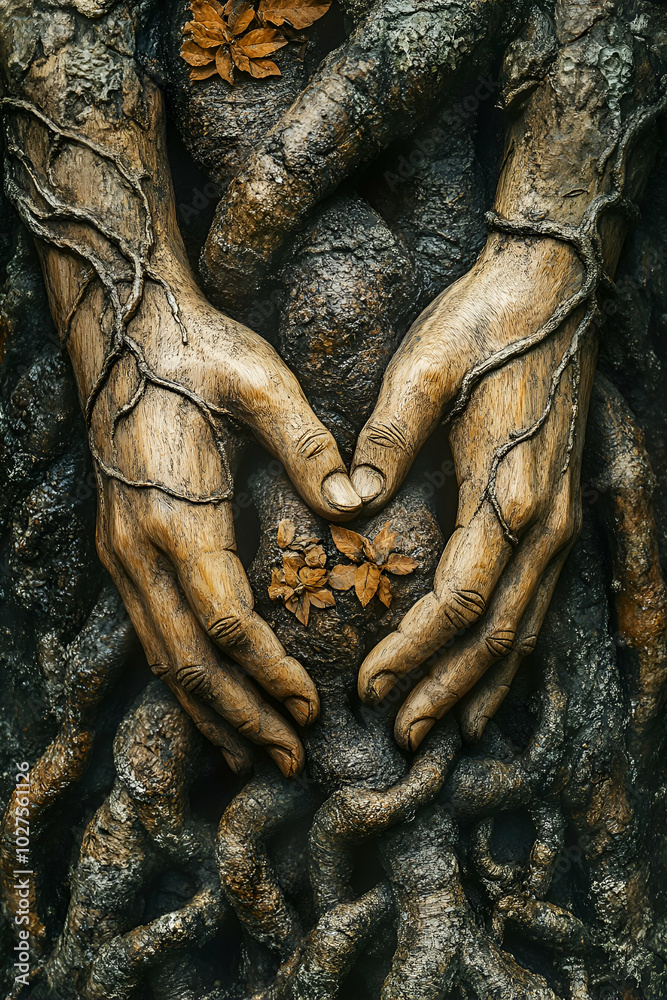 Two hands holding a leafy branch, with the fingers of one hand reaching out to the other. Concept of connection and unity, as if the two hands are intertwined with the tree Two hands holding a leafy branch, with the fingers of one hand reaching out to the other. Concept of connection and unity, as if the two hands are intertwined with the tree