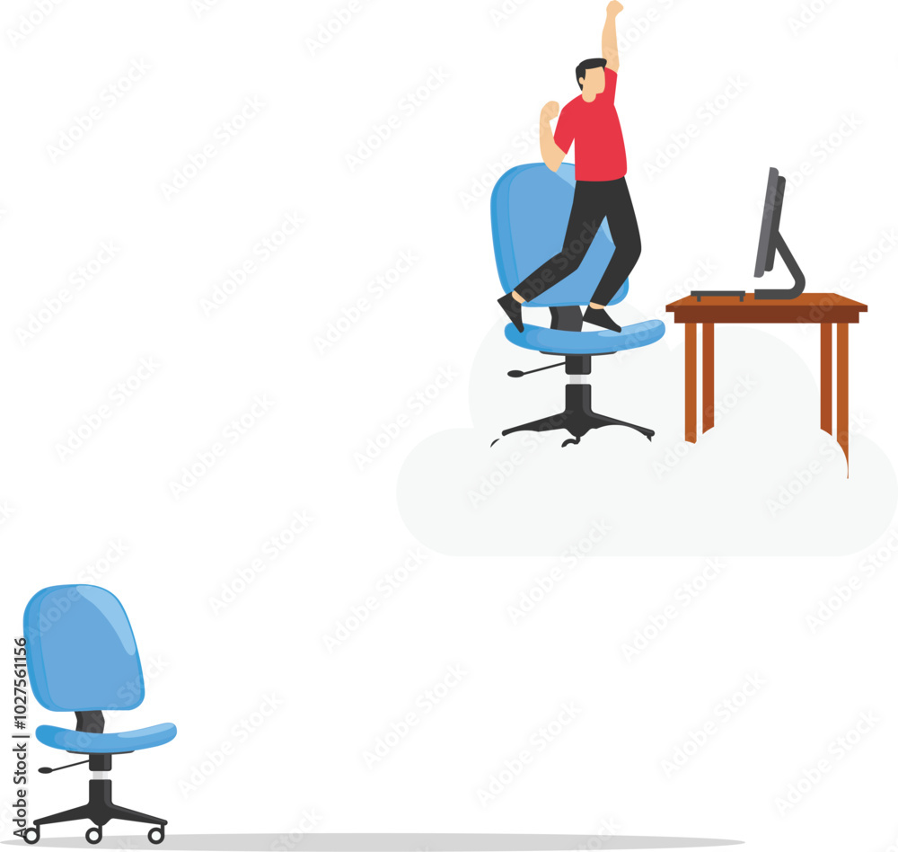 Fototapeta premium Dream job, perfect workplace or career success, opportunity for the best job, superhero businessman working on dream job at his desk on the clouds.