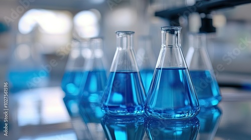 Close-Up of Blue Liquid Filled Erlenmeyer Flask: Used in Scientific Experiments and Laboratory Research.