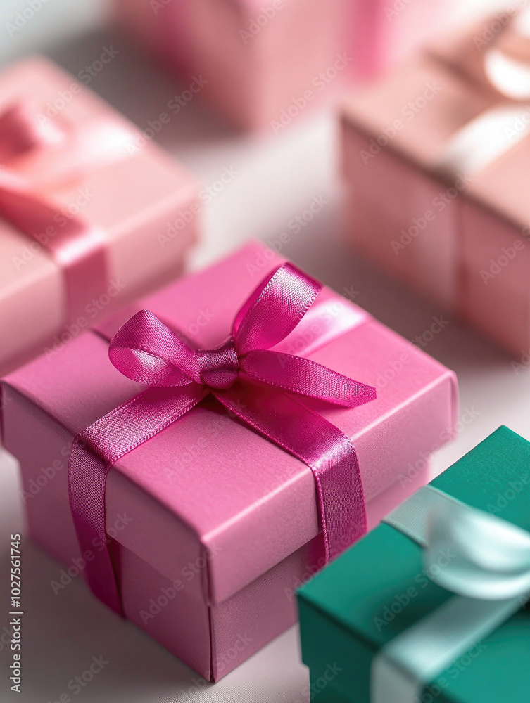 Colorful gift boxes with ribbons in pink and green, arranged aesthetically on a soft surface, perfect for celebrations and special occasions. Colorful gift boxes with ribbons in pink and green, arranged aesthetically on a soft surface, perfect for celebrations and special occasions.