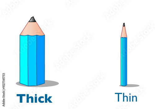 Opposites adjective, thin thick. Pencil, blue pens. English, international words lesson, School worksheet kids adjectives. Lifetime, age, school equipment. Language education. Vector illustration