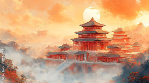 A Digital Artwork of a Chinese-Style Palace Against a Yellowish Sky Background, Showcasing Traditional Architecture and Cultural Elegance, Invoking a Sense of Serenity and Historical Beauty in an Ench