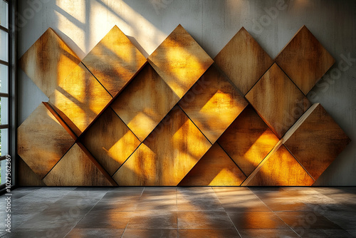 A room with a wall made of wooden blocks. The wall is made of different sized wooden blocks and has a rustic look. The room is empty and has a lot of natural light coming in through the windows