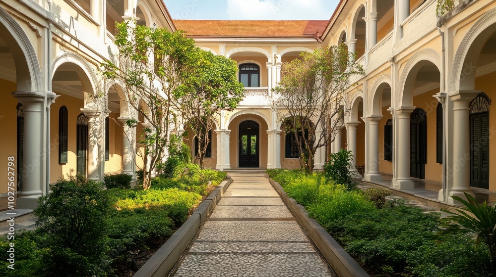 Colonial architecture blended with modern innovations in a restored national building, symbolizing historical evolution. Colonial architecture blended with modern innovations in a restored national building, symbolizing historical evolution.