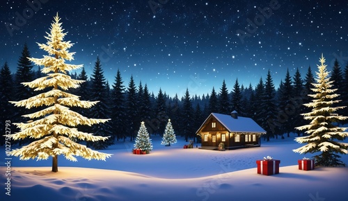 A charming wooden house with snow-covered rooftops and trees illuminated by festive lights, creating a warm and inviting holiday atmosphere. Ideal for seasonal designs, holiday cards