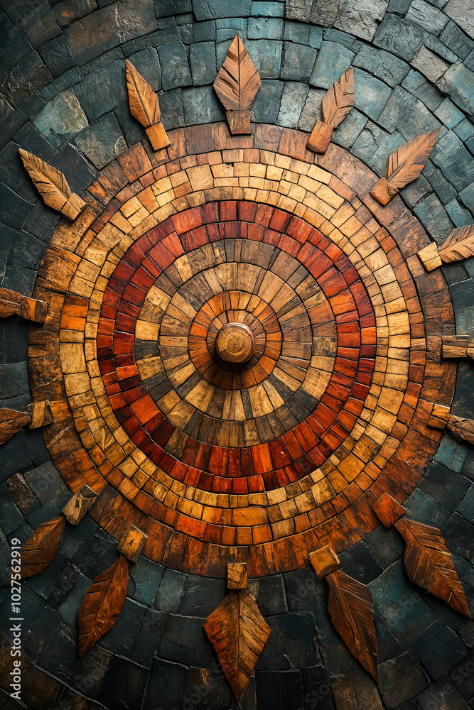 Fototapeta premium A colorful mosaic with a wooden center piece. The mosaic is circular and has a wooden circle in the center. The circle is surrounded by a variety of colors and shapes, creating a visually interesting
