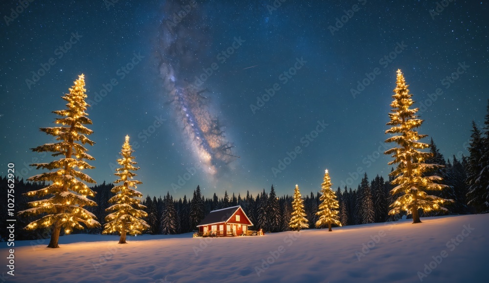 Fototapeta premium A charming wooden house with snow-covered rooftops and trees illuminated by festive lights, creating a warm and inviting holiday atmosphere. Ideal for seasonal designs, holiday cards