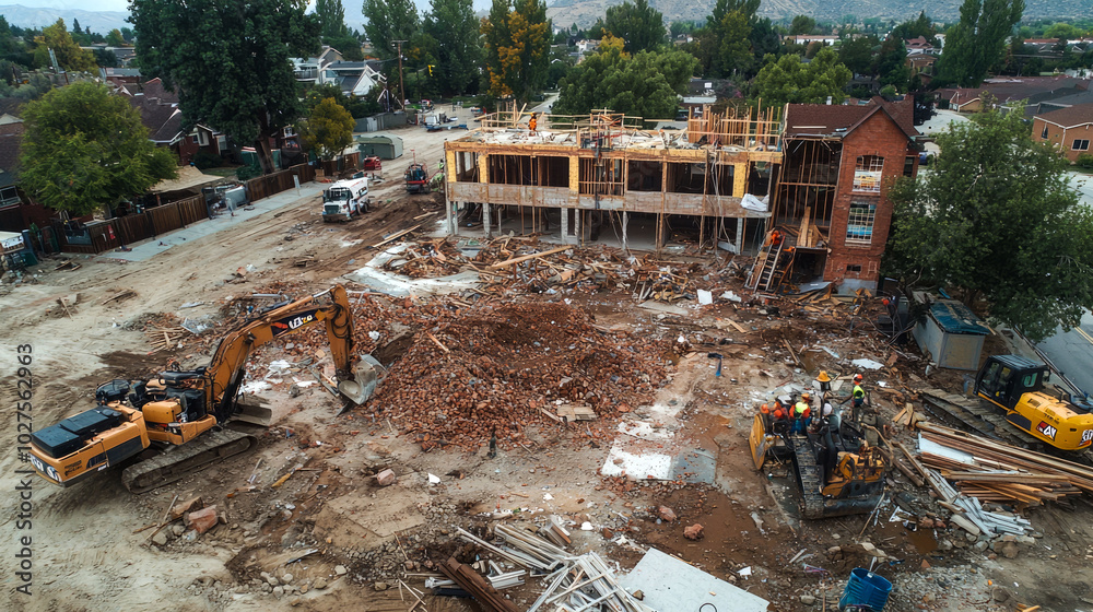 Aerial view of a construction site with excavators and workers. Aerial view of a construction site with excavators and workers.