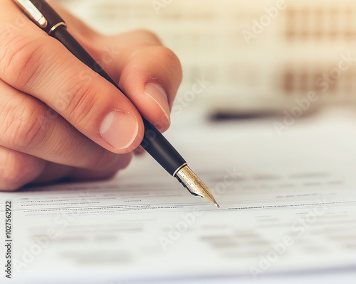 A consultant s hand holding a pen, pointing at a detailed business report, pointing at report, business consulting