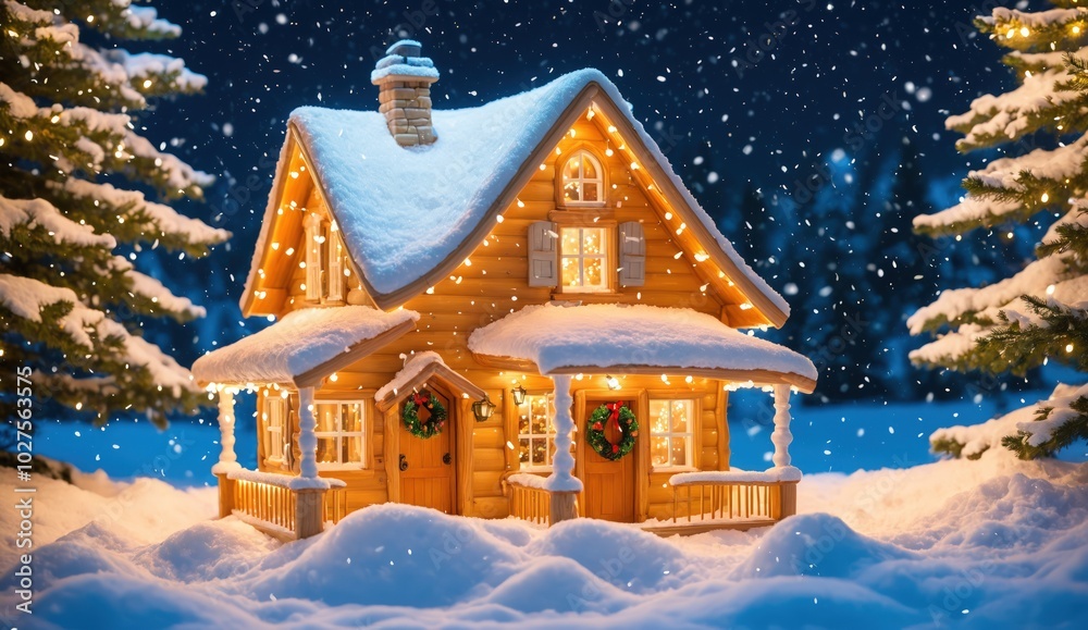 Naklejka premium A charming Christmas scene showcasing a snow-covered house with warm lights and a brightly decorated tree. Snowflakes fall gently, creating a magical and peaceful holiday mood, perfect for Christmas