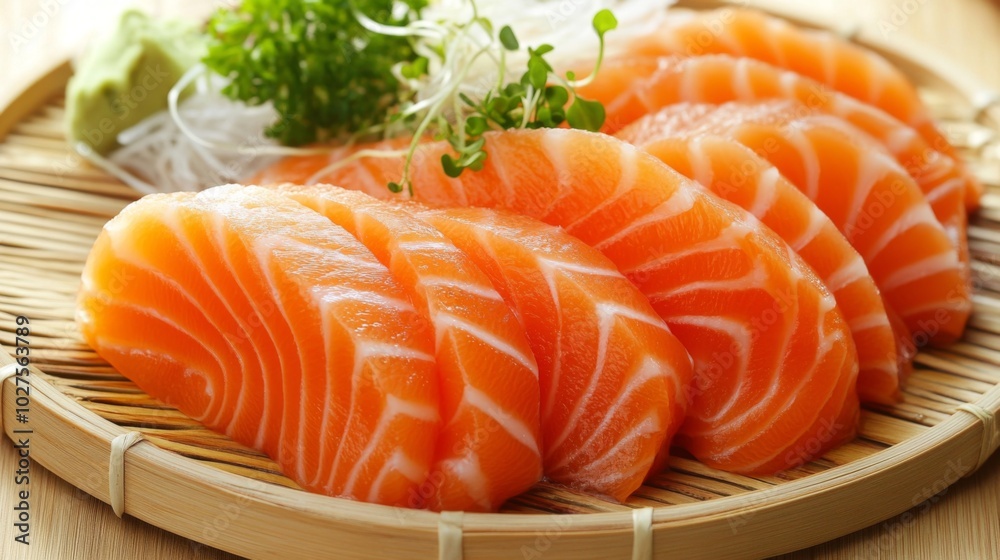 Fresh Salmon Slices on Bamboo Plate with Garnishes Fresh Salmon Slices on Bamboo Plate with Garnishes