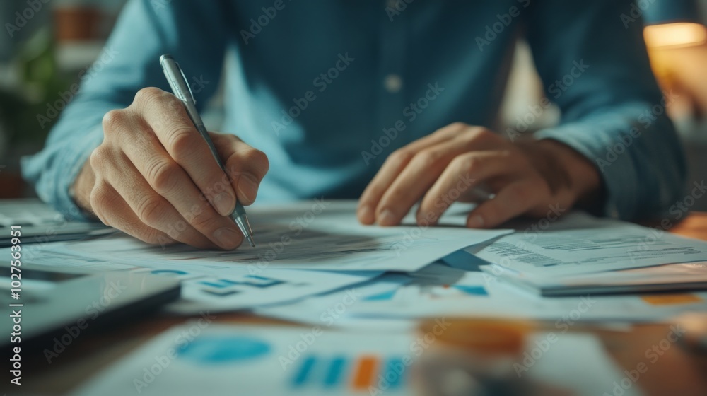 A person writes on documents surrounded by charts and graphs, indicating analysis or planning in a professional setting. A person writes on documents surrounded by charts and graphs, indicating analysis or planning in a professional setting.