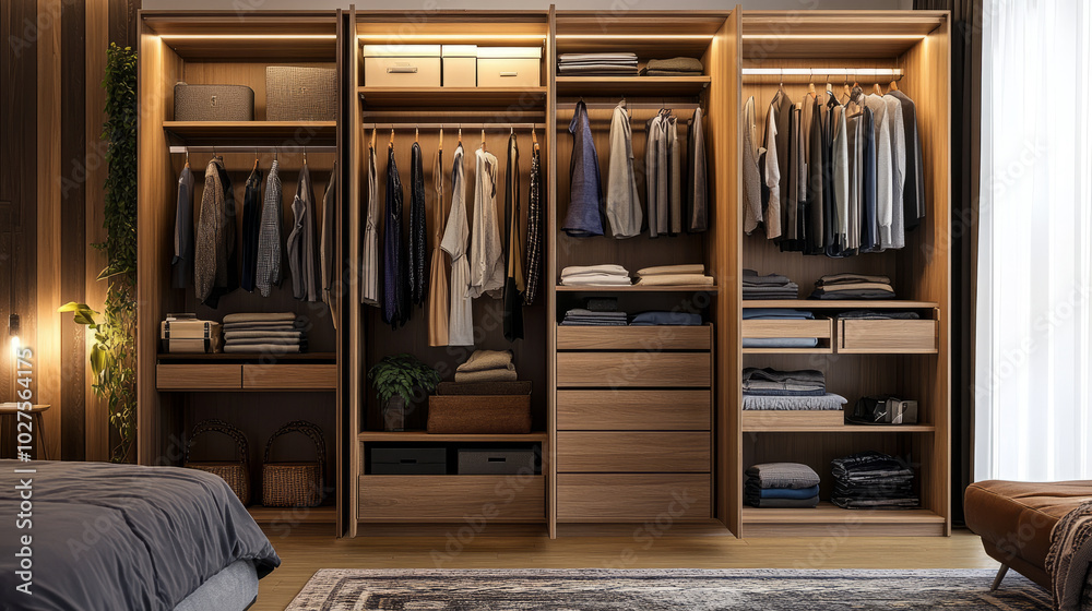 A modern wooden wardrobe with open doors, revealing neatly organized clothes on hangers and folded items on shelves, set in a cozy bedroom A modern wooden wardrobe with open doors, revealing neatly organized clothes on hangers and folded items on shelves, set in a cozy bedroom