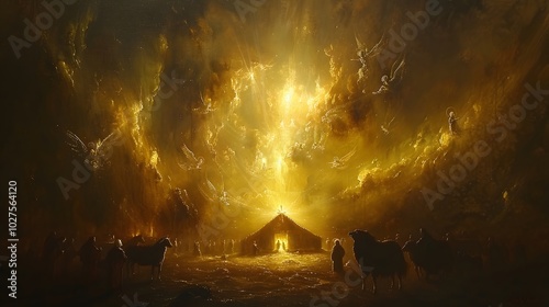 A serene oil painting of the nativity scene, with angels swirling joyfully above the stable, their golden light shining down on baby Jesus. The animals and holy family are bathed in the warm glow,