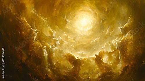 A serene oil painting of the nativity scene, with angels swirling joyfully above the stable, their golden light shining down on baby Jesus. The animals and holy family are bathed in the warm glow,