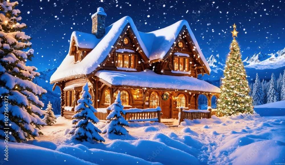 A charming Christmas scene showcasing a snow-covered house with warm lights and a brightly decorated tree. Snowflakes fall gently, creating a magical and peaceful holiday mood, perfect for Christmas