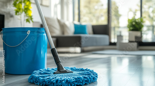 A mop standing in a corner of a room next to a bucket, ready for cleaning, with a modern living space in the background photo