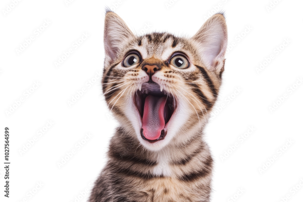 Fototapeta premium A playful kitten with an open mouth, showcasing surprise and curiosity against a white isolated background.